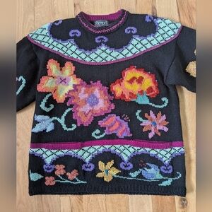 BEREK Vintage 1989 Hand Knit By Marta D Floral 100% Wool Size M (Run Bigger)